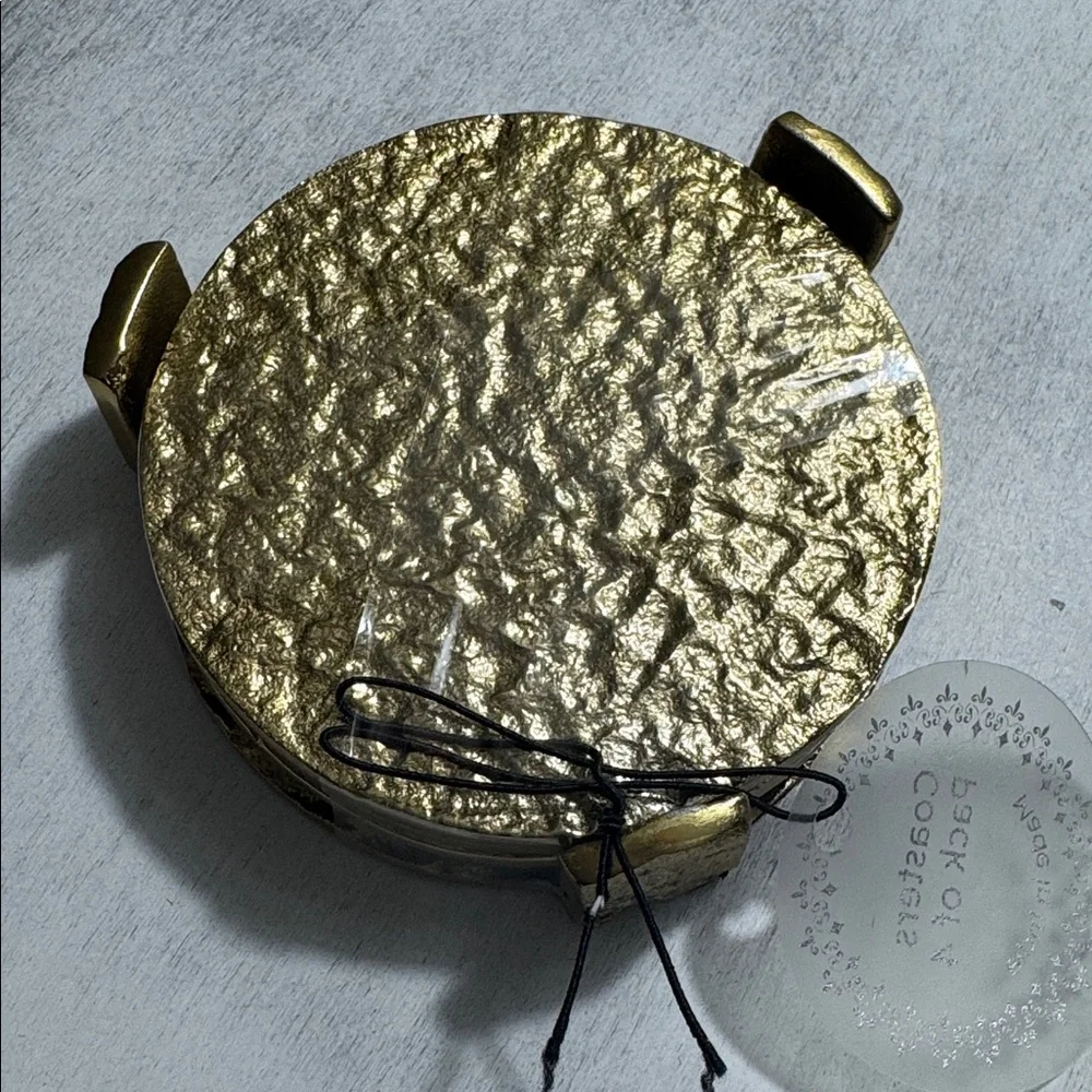 Gold Textured Hammered Metal Round Coaster Set of 4 on Standard India D 3.75